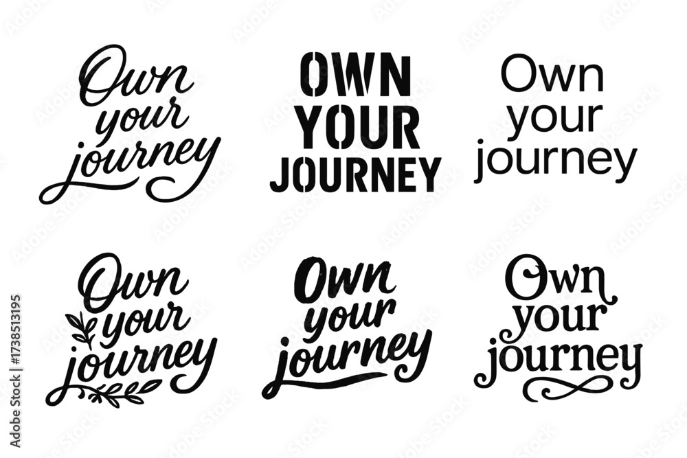 Fototapeta premium Harmonious Lettering Grid. Own your journey. Set lettering. harmonious lettering variations of the same emblematic concept (Elegant script with flowing curves,