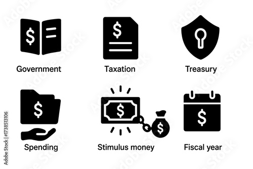 Fiscal Policy Icons. Solid, filled icon set of fiscal policy: government budget, taxation sheet, spending folder, treasury symbol, stimulus money, national