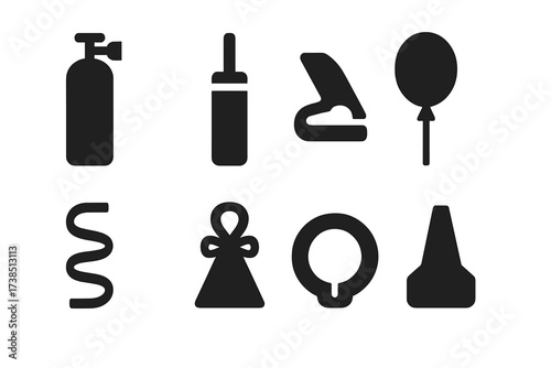 Balloon Tools Icons. Solid, filled icon set of balloon props and tools: helium tank, balloon pump, sealing clip, balloon stick, curling ribbon, balloon weight,