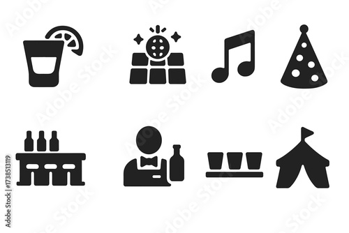 Tequila Party Icons. Solid, filled icon set of tequila party and events: party glass, dance floor, music note, celebration hat, bar counter, bartender, shot