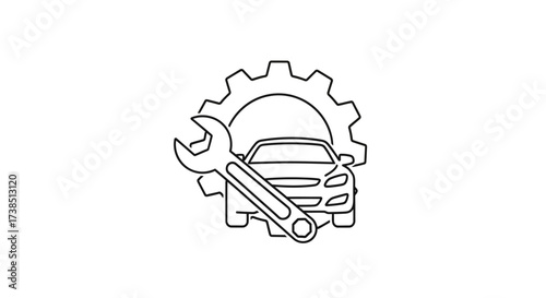 Automotive repair and maintenance graphic featuring a car, gear, and wrench outline drawing design