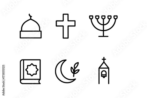 Palestinian and Saudi Icons. Outline icon set of Palestinian religious symbols: Mosque dome, Church cross, Menorah, Prayer beads, Holy book, Crescent moon,