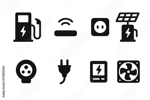 EV Charging Icons Grid. Solid, filled icon set of EV charging components: fast charger, wireless charger, power outlet, solar-powered charger, charge port,