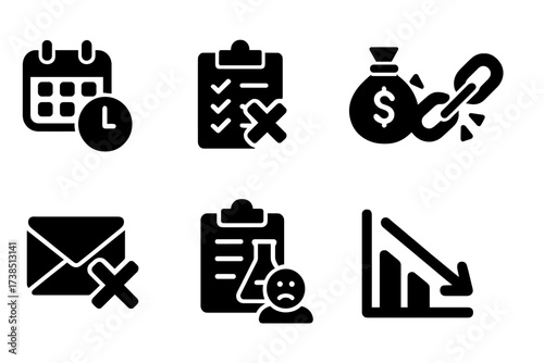 Project Failure Icons. Solid, filled icon set of project failure: missed deadline, crossed checklist, budget overrun, broken chain, canceled meeting, failed
