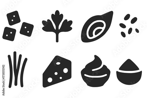 Soup Garnish Icons. Solid, filled icon set of soup garnishes: croutons, parsley, cream swirl, lemon wedge, chili flakes, green onions, cheese, sour cream.