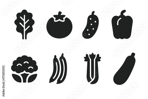 Vegetables Icon Set. Solid, filled icon set of vegetables: kale, tomato, cucumber, bell pepper, cauliflower, green beans, celery, zucchini. [Line icons in only