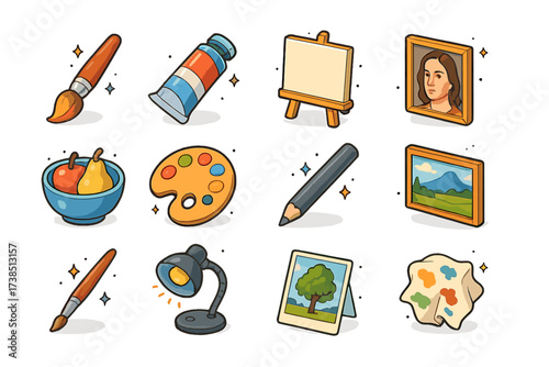 Art Tools Icon Set. Realism in art. Colorful isometric vector icons set of realism in art: paintbrush, oil paints tube, canvas on easel, realistic portrait,
