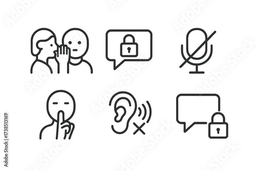 Quiet Conversation Icons. Outline icon set of quiet conversation: two people whispering, speech bubble with lock, muted microphone, finger on lips, ear with