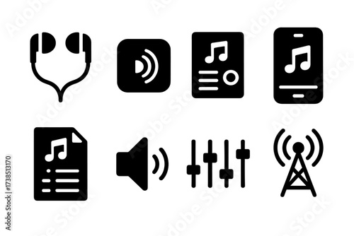 Music Listening Icons. Solid, filled icon set of music listening: earphones, Bluetooth speaker, stereo system, music app, playlist, volume control, equalizer,
