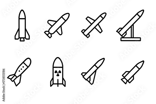 Missile Icon Set. Outline icon set of missile types: ballistic missile, cruise missile, surface-to-air missile, anti-ship missile, guided missile, nuclear