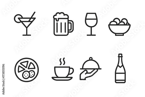 Casino Drinks and Snacks. Outline icon set of casino drinks and snacks: cocktail, beer mug, wine glass, chips bowl, snack plate, coffee cup, waiter tray,