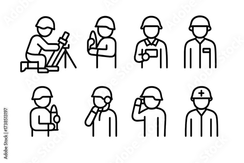 Mortar Crew Roles Icons. Outline icon set of mortar crew roles: gunner, loader, spotter, commander, ammo carrier, radio operator, observer, medic. Line icons
