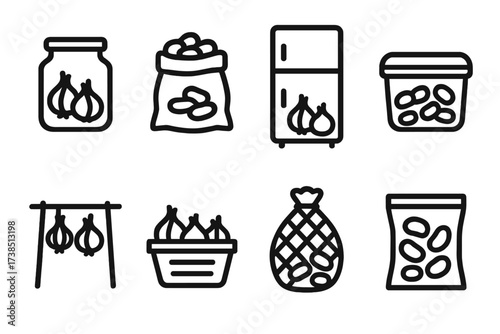 Onion Bean Storage Icons. Solid, filled icon set of onion and bean storage: pantry jar, sack, refrigerator, sealed container, drying rack, basket, mesh bag,