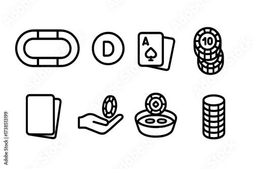 Poker Table Icons. Outline icon set of poker betting table: poker table, dealer chip, player cards, betting chips, card deck, dealer hand, betting pot, chip