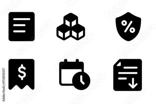 Invoice Icon Set. Solid, filled icon set of invoice details: itemized list, quantity, price tag, tax, total amount, due date, discount, payment terms. [Line