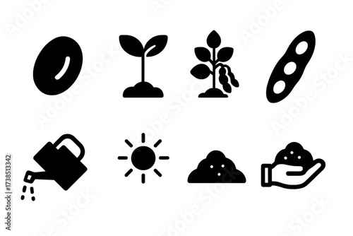 Plant Growth Icons. Solid, filled icon set of plant growth: soybean seed, sprouting plant, mature soybean plant, pod, watering can, sun, soil, farmer's hand.