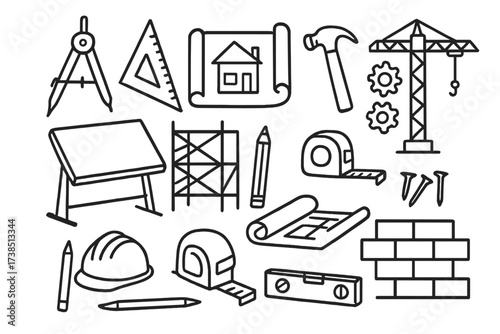 Architectural Tools Doodle. Hand-drawn doodle illustration architectural framework blueprint, compass, ruler, drafting table, hammer, gears, scaffolding,