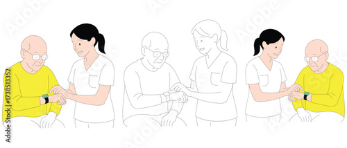 Nurse Helping Elderly Man with Smartwatch Outline and Color