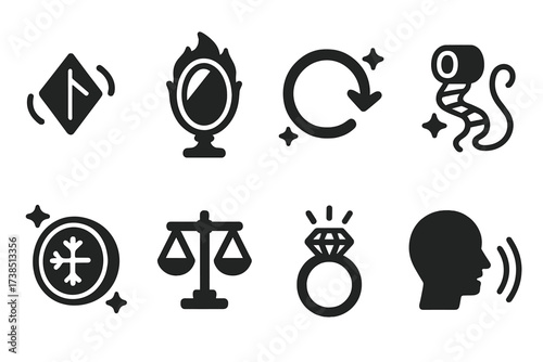 Mystical Foresight Icons. Solid, filled icon set of magical foresight: spinning rune, enchanted mirror, temporal loop, glowing thread, fated coin, balance