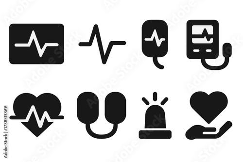 Medical Signal Icons. Solid, filled icon set of pulse medical signals: heartbeat monitor, ECG trace, pulse oximeter, blood pressure, heart rhythm,