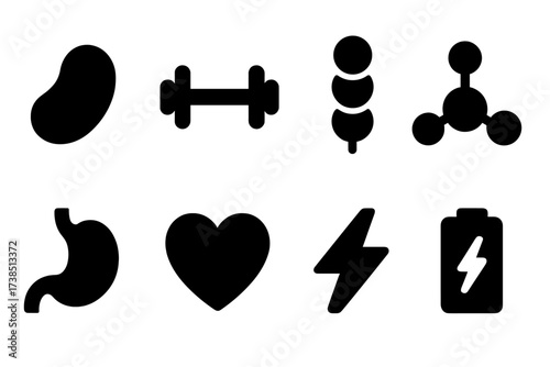 Kidney Bean Nutrition Icons. Solid, filled icon set of kidney bean nutrition: protein, fiber, vitamins, minerals, antioxidants, digestive health, heart health,