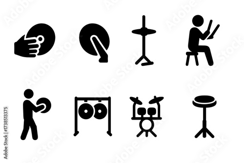 Cymbal Icon Variations. Solid, filled icon set of cymbals playing positions: left hand, right hand, foot pedal, seated drummer, standing percussionist,