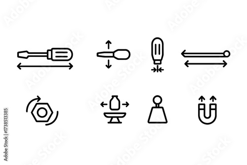 Screwdriver Icon Set. Outline icon set of screwdriver measurements: length, tip size, handle diameter, shaft thickness, torque capacity, bit size, weight,