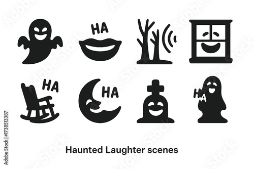 Haunted Laughter Icons. Solid, filled icon set of haunted laughter scenes: laughing shadow, floating mouth, echo lines from woods, house window giggle, rocking