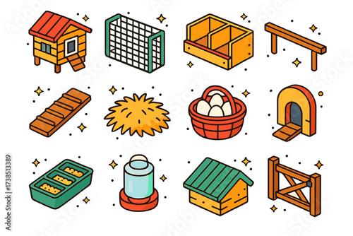 Colorful Chicken Coop Icons. Chicken coop. Colorful isometric vector icons set of chicken coop: wooden coop, wire fence, nesting box, perch, ramp, straw