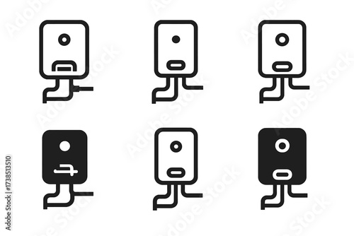 Boiler Logo Variations. Boiler Connection Scheme. Set Logo of Boiler System: Boiler with schematic piping diagram. harmonious logo variations of the same