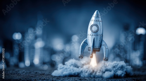 Fototapeta Naklejka Na Ścianę i Meble -  Rocket ship launching into space with smoke and effects on blue background