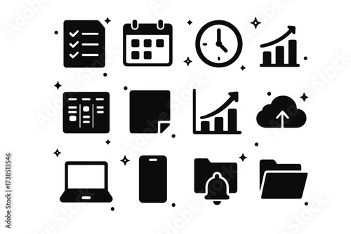 Productivity Tools Icons. Productivity tools. Solid icons set of to-do list, calendar, clock, task board, sticky note, progress chart, laptop, smartphone,