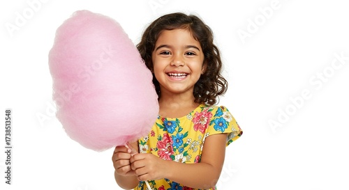 Happy young girl holding sweet pink cotton candy isolated on white background