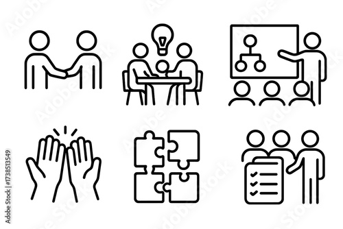 Teamwork Icon Set. Outline icon set of teamwork and collaboration: people shaking hands, group brainstorming, project planning, team meeting, high-five