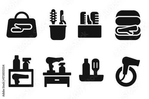 Hair Tools Icon Set. Solid, filled icon set of ringlet hair tools storage: styling bag, brush holder, tool organizer, travel case, product shelf, salon