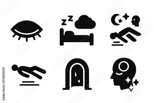Prophetic Dream Icons. Solid, filled icon set of prophetic dreams: closed eye, starlit bed, sleep cloud, hovering symbols, floating body, dream gate, lucid