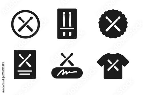 Drumsticks Branding Icons. Solid, filled icon set of drumsticks brand and marketing: logo design, product packaging, promotional flyer, brand badge, marketing