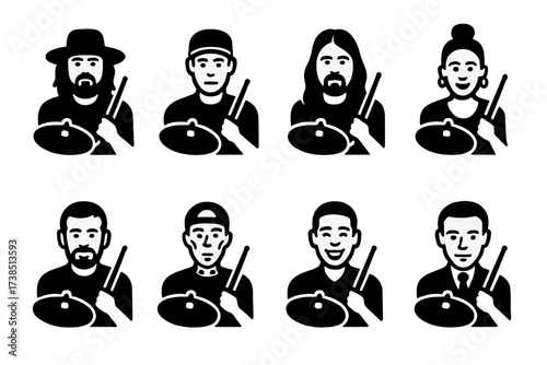 Famous Drummers Icons. Solid, filled icon set of crash cymbal famous players: John Bonham, Neil Peart, Dave Grohl, Sheila E., Steve Gadd, Travis Barker, Tony