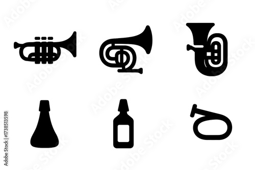 Brass Instruments Icons. Solid, filled icon set of brass instruments: trumpet, trombone, French horn, tuba, mouthpiece, mute, valve oil, tuning slide. Solid,