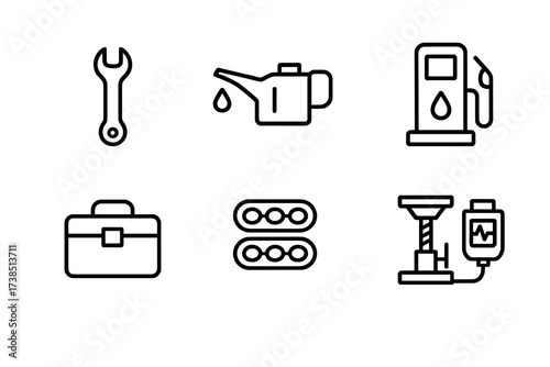 Tank Maintenance Icons. Outline icon set of tank maintenance: wrench, oil can, fuel pump, cleaning brush, repair kit, spare track, jack, engine diagnostics.