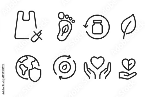 Reusable Bag Icons. Outline icon set of reusable bag environmental impact: reduced plastic waste, carbon footprint, zero waste, sustainability icon, green