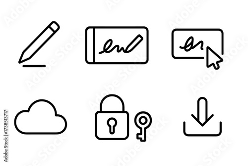 E-Signature Tool Icons. Outline icon set of e-signature tools: stylus pen, touchscreen device, signature field, cursor pointer, cloud storage, lock symbol,