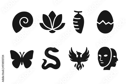 Metamorphosis Icon Set. Solid, filled icon set of metamorphosis symbols: spiral shell, unfolding flower, chrysalis, cracked egg, ascending butterfly, serpent