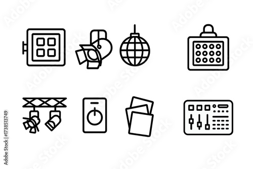 Stage Lighting Icons. Outline icon set of stage lighting: floodlight, spotlight, disco ball, LED panel, light rig, dimmer switch, colored gels, lighting