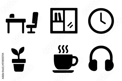 Study Icons Grid. Solid, filled icon set of study environment: desk, chair, bookshelf, window, clock, plant, coffee cup, headphones. Solid, filled icons in