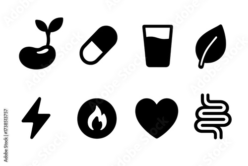 Nutrition Icon Set. Solid, filled icon set of bean sprout nutrition: vitamin capsule, protein symbol, water glass, leaf, energy bolt, calorie counter, heart,