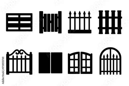 Gate Icon Collection. Solid, filled icon set of gate styles: modern gate, rustic gate, wrought iron gate, bamboo gate, ornate gate, minimalist gate, double
