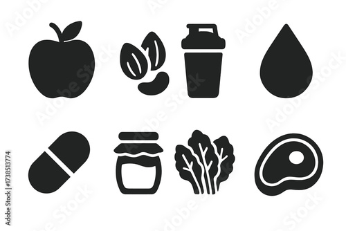 Energy Source Icons. Solid, filled icon set of energy sources: apple, nuts, protein shake, water droplet, vitamin pill, honey jar, leafy greens, meat steak.
