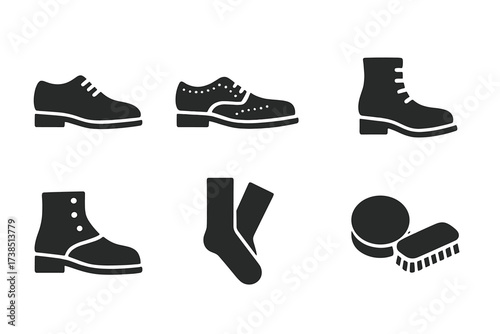 Gentleman Footwear Icons. Solid, filled icon set of gentleman footwear: Oxford shoes, brogues, loafers, boots, spats, dress socks, shoe polish, shoe brush.