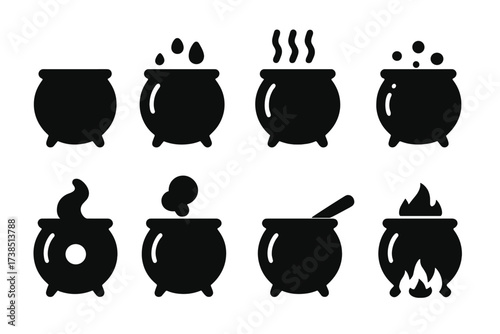 Cauldron Icon Variations. Solid, filled icon set of cauldron states: empty pot, boiling liquid, steaming cauldron, simmering bubbles, glowing content, smoking